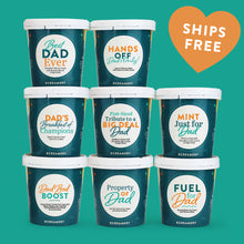 Load image into Gallery viewer, Photo of Father's Day collection of 8 Ice Cream pints, specifically labeled for "funny dads". Ships for free.