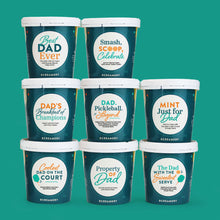 Load image into Gallery viewer, Photo of Father's Day collection of 8 ice cream pints, specifically labeled for dads that play Pickleball. Ships for free