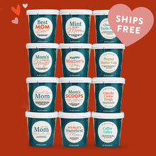 Load image into Gallery viewer, 12 Pints of ice cream with Mother's Day titles on a red background featuring a "ships free" callout.