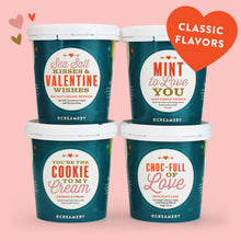 Load image into Gallery viewer, Four ice cream containers with labels on a pink background