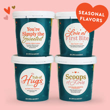 Load image into Gallery viewer, Four containers of ice cream with romantic-themed labels on a pink background