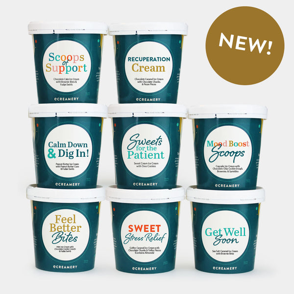 Assorted ice cream pints with various Stress Relief themed messages on a white background with a 