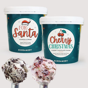 Two scoops of ice cream, one Cookies & Cream and one Cherry Chocolate Chunk. The pints that these flavors are featured in are titled: "For Santa" Cookies & Cream and "Cherry Christmas" Cherry Chocolate Chunk