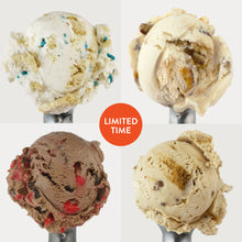 Load image into Gallery viewer, Four scoops of ice cream. Flavors Pictured: Frosted Sugar Cookie, Butter Pecan, Peppermint Mocha, and Gingerbread Cheesecake.