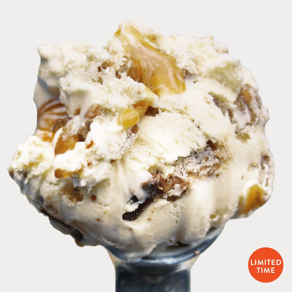 Photo of a scoop of Peanut Butter Caramel Sundae Ice Cream on a white background 