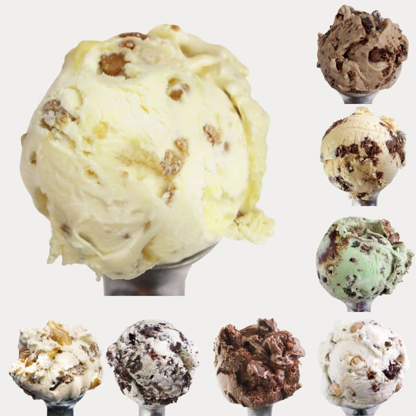 Collection of different ice cream flavors in scoops on a white background
