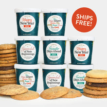 Load image into Gallery viewer, 8 ice cream pints, with new year&#39;s phrases on the center label of each pint, and 24 assorted cookies surrounding them.