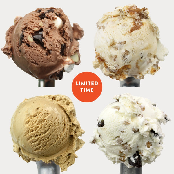 Four scoops of ice cream on metal spoons arranged on a light gray background, with a central orange circle reading 'LIMITED TIME.' 