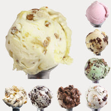 Load image into Gallery viewer, Photo of 8 ice cream flavor scoops. Includes: Chocolate Cake, Sea Salt Caramel Brownie, Mint Cookie Crunch, Cookies &amp; Cream, Lemon Cookie Crunch, Chocolate Chip Cookie Dough, Peanut Butter Caramel Sundae, and Raspberry Sorbet. 