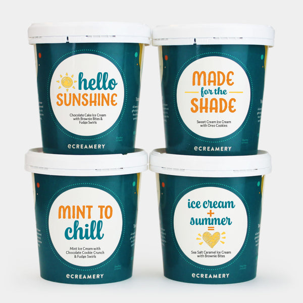 Photo of 4 ice cream pints labeled for summer. Labels read: 